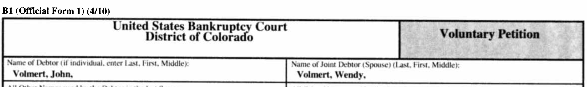 top of page of John Volmert and Wendy Volmert bankruptcy filing