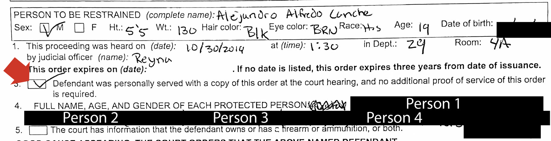 excerpt of restraining order issued against Alejandro Canche
