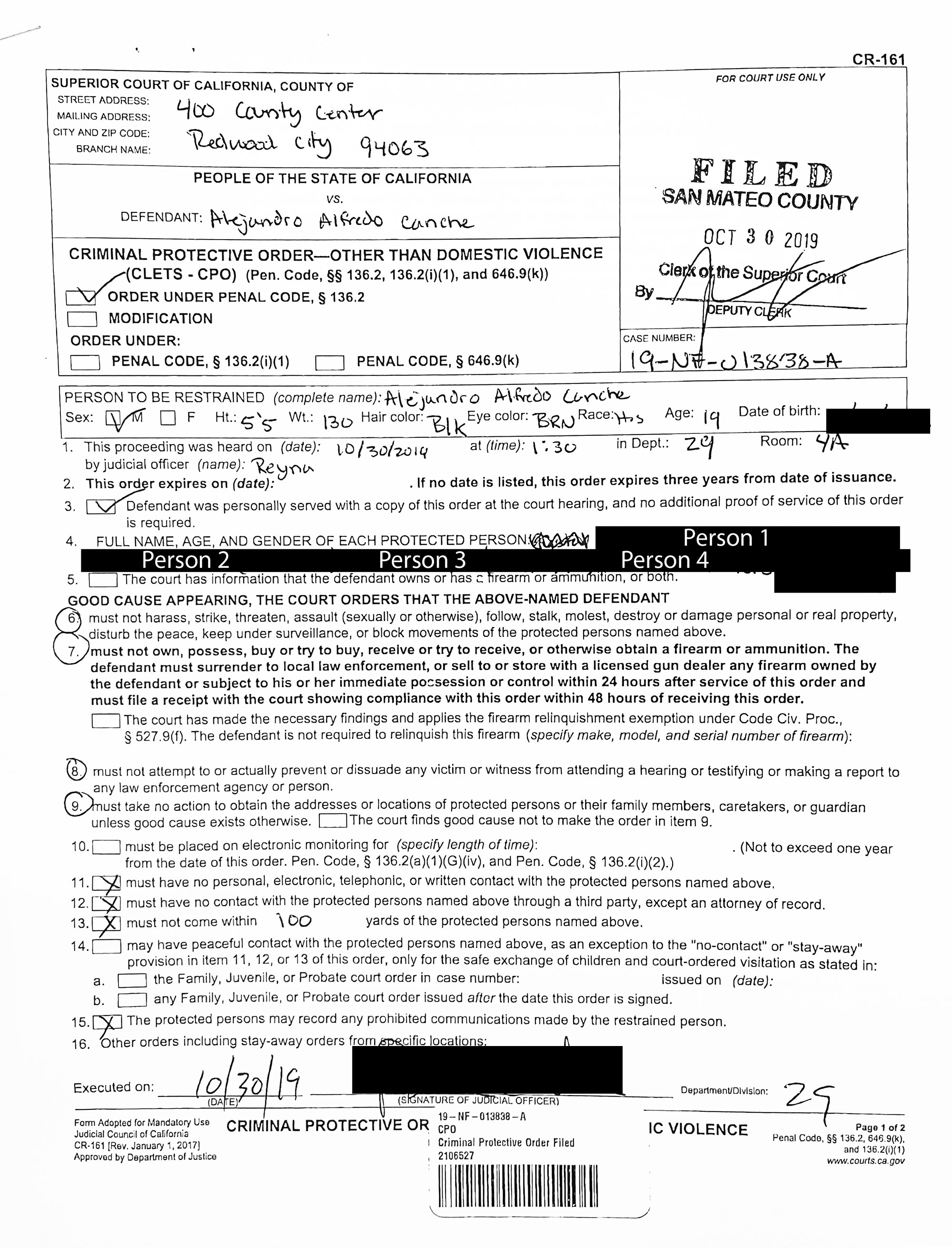 Restraining order issued against Alejandro Canche, Alex Canche, in attempted murders case in San Mateo, California, in October 2019