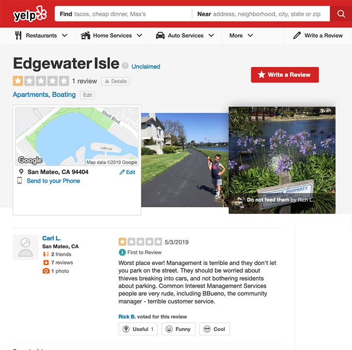 Edgewater Isle gets a poor review on  Yelp.com