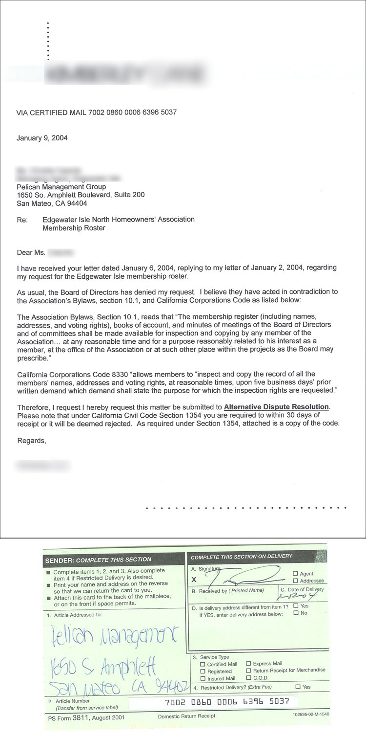 Request to Edgewater Isle North Homeowners Association for failure to provide membership roster