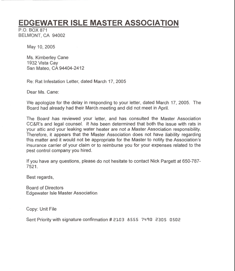 correspondence from Master Association regarding rat intrusion at Edgewater Isle