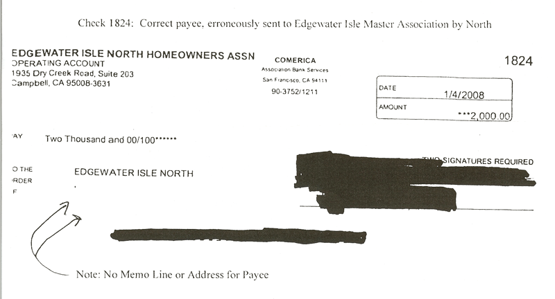 Edgewater Isle North Homeowners Association check 1824