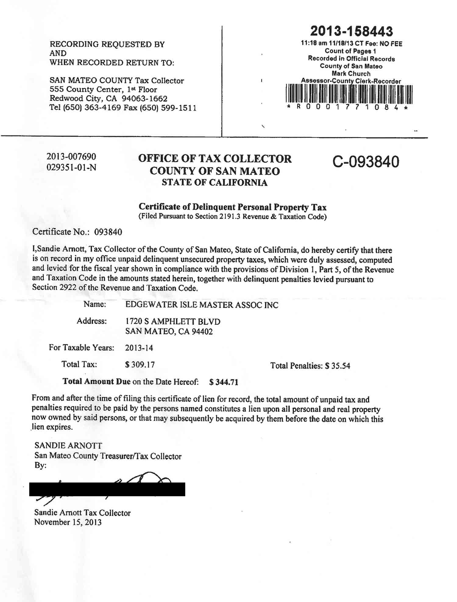 Edgewater Isle Master Association hit with another lien by San Mateo County in 2013