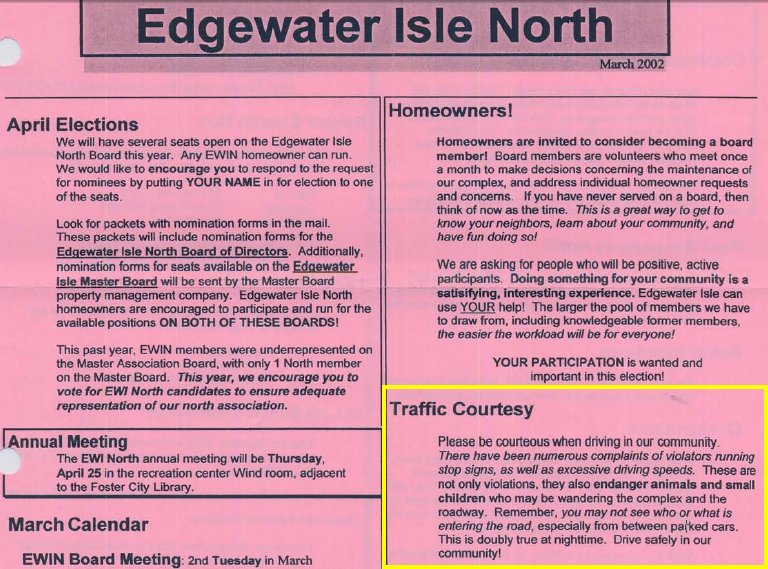 Edgewater Isle North warned drivers in Mardh 2002 to slow down.