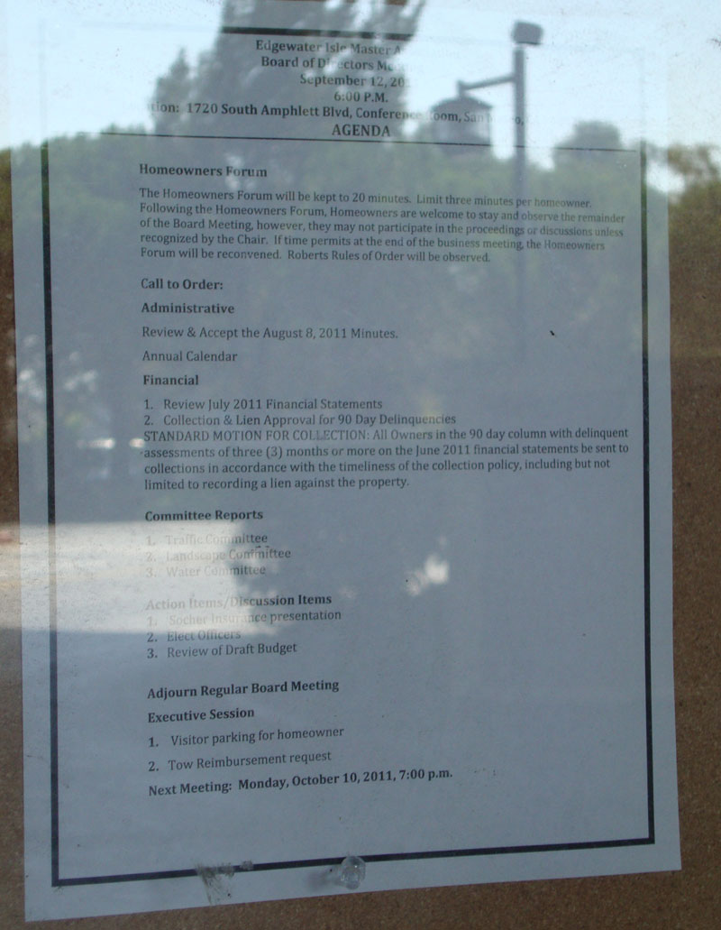 Edgewater Isle Master HOA agenda for September 2011.  Association was suspended by Secretary of State when this meeting occurred.