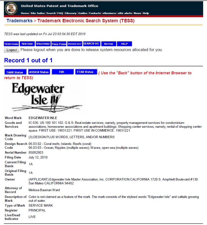 Edgewater Isle applies for a trademark. 
