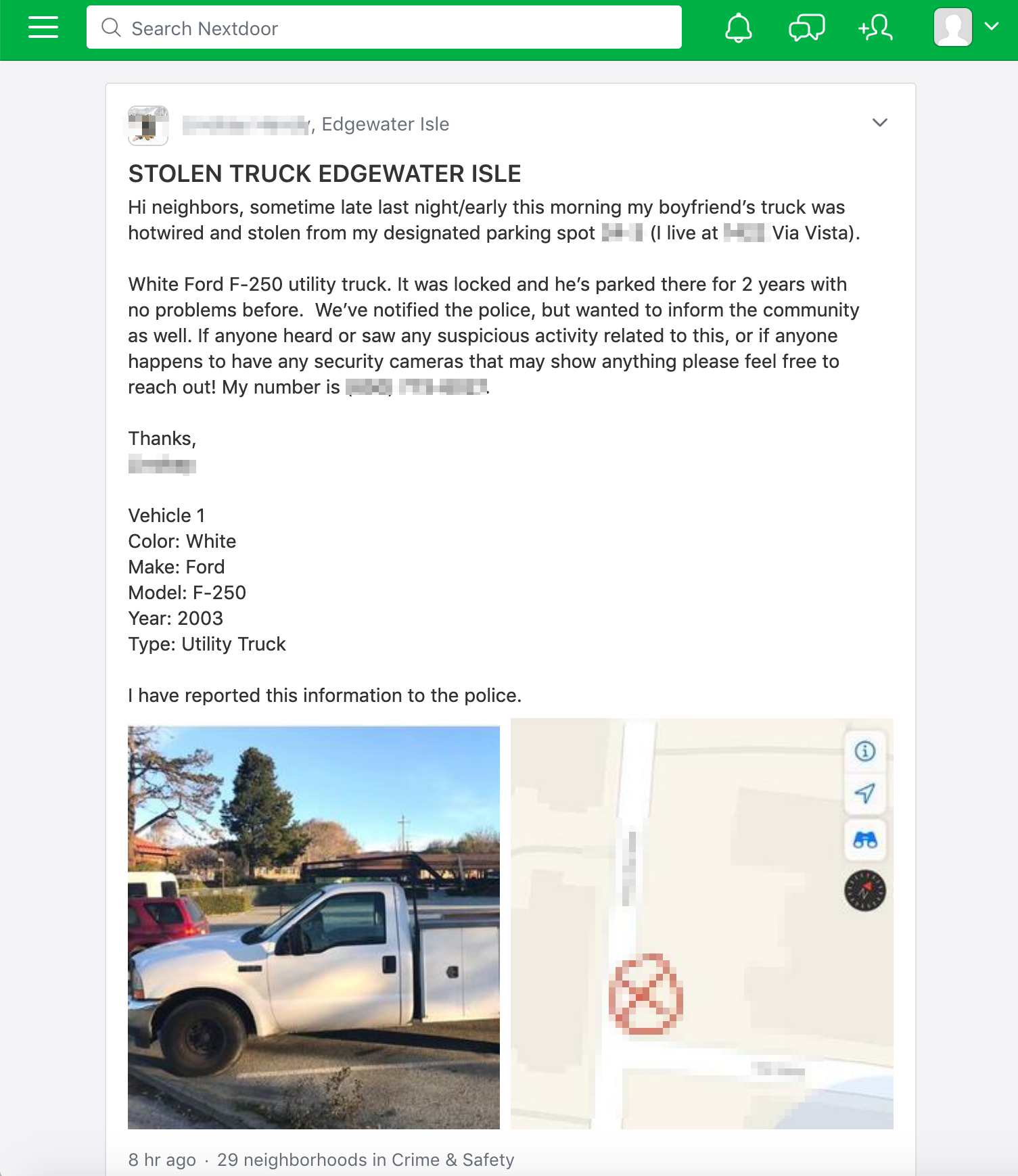 truck reported stolen at Edgewater Isle