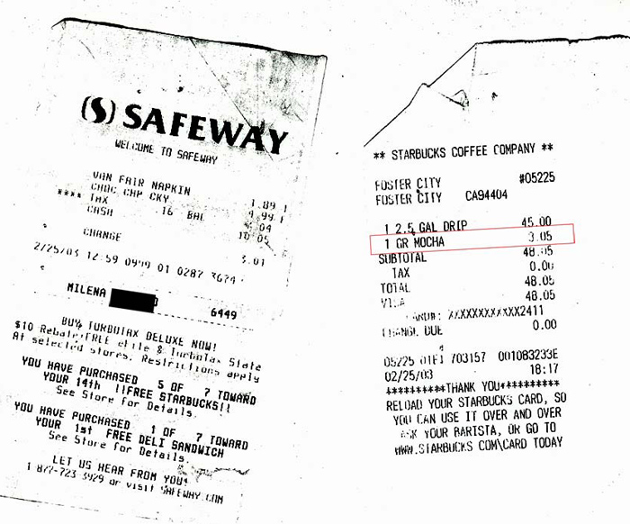 Starbucks and Safeway receipts showing personal purchase