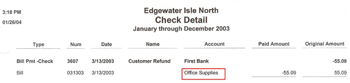 check detail shows purchases are classified under office expenses