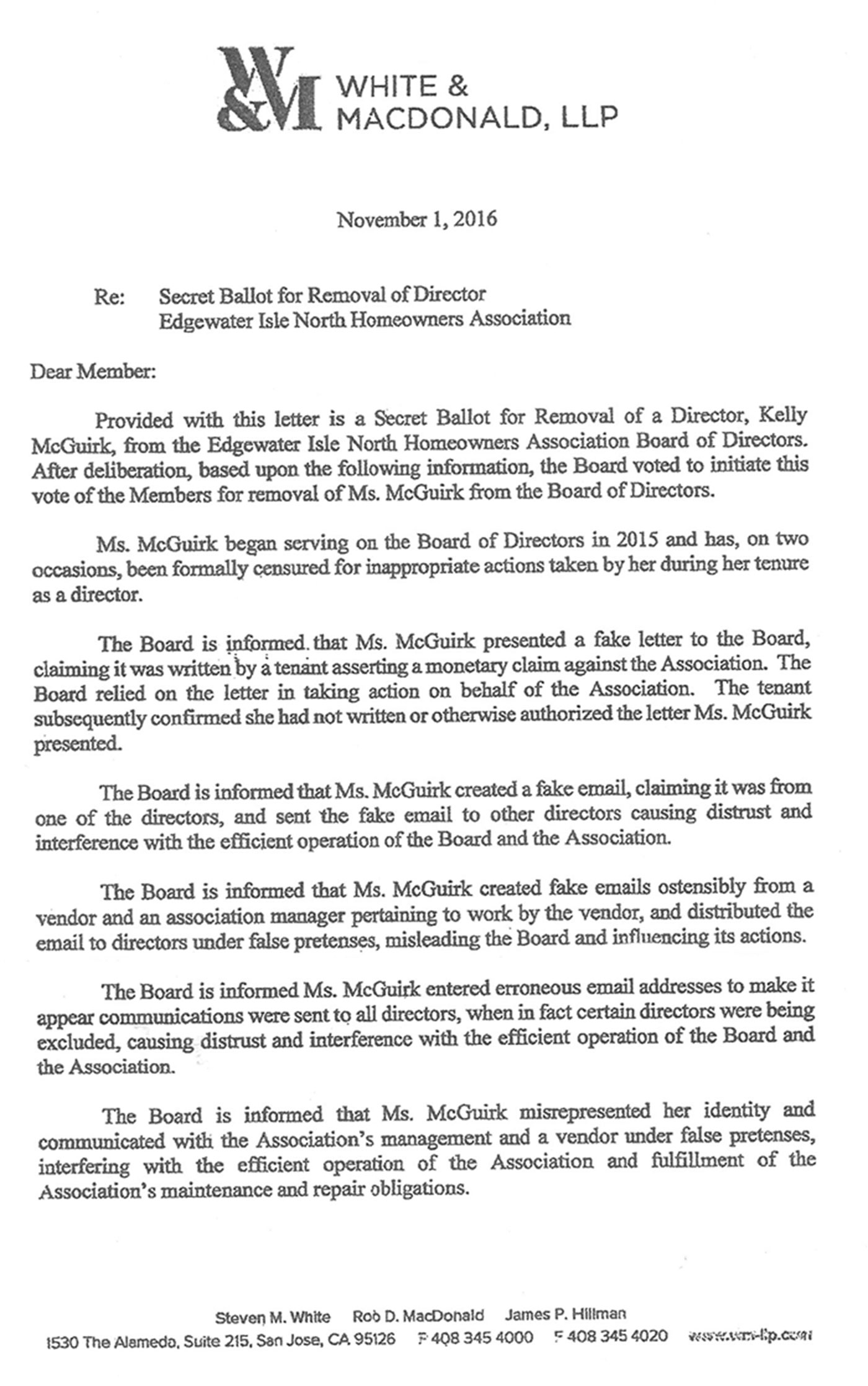 Letter for removal of Kelly McGuirk from board of directors after formal censure including presenting a fake letter to the board of directors.