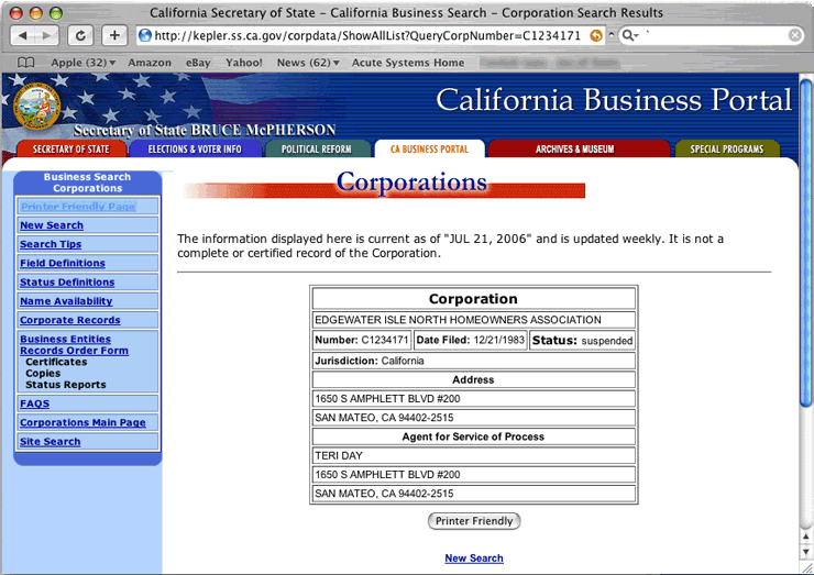 Screen shot of Edgewater Isle's suspended status as a California corporation. Taken from California Secretary of State web site