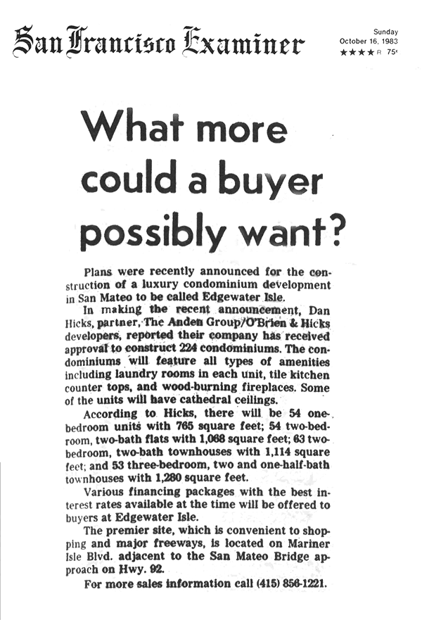 Edgewater Isle first mentioned in the San Francisco Examiner in October 1983