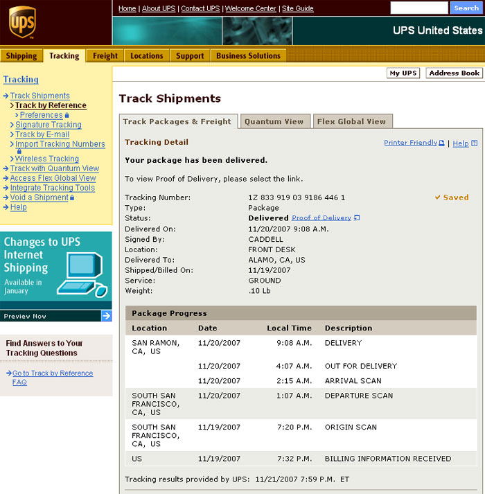 UPS web site showing delivery of letter to Berding-Weil office