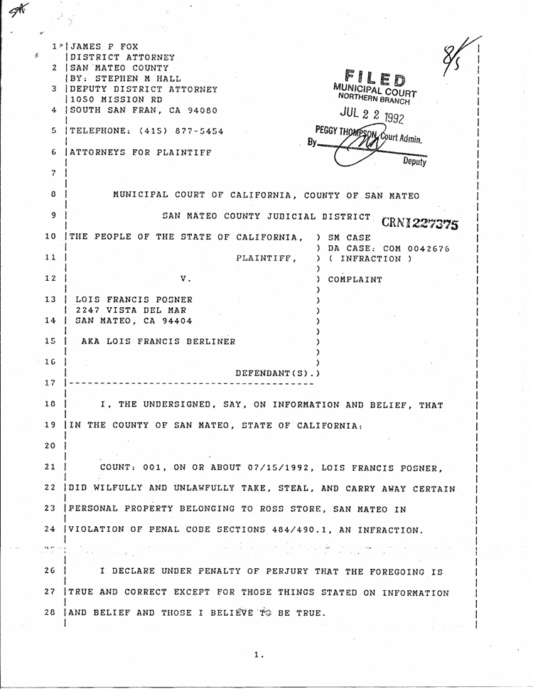 Moxi Posner's criminal complaint for stealing from Ross Stores in San Mateo, page 1 of criminal complaint