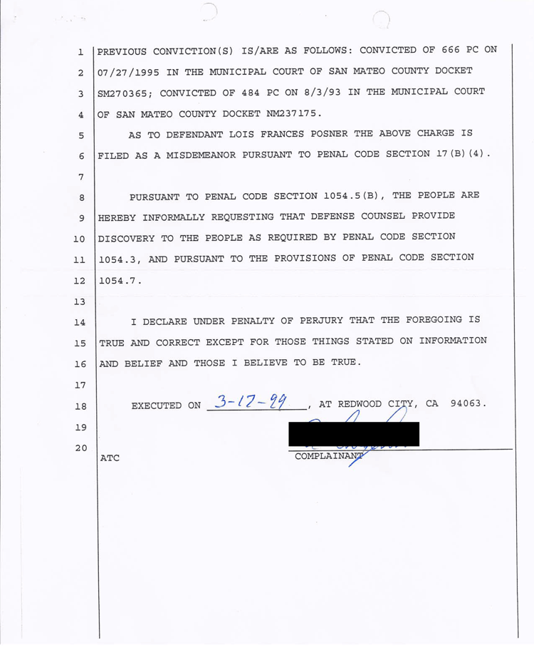 Criminal complaint against Lois Posner, aka Moxi Posner, page 2