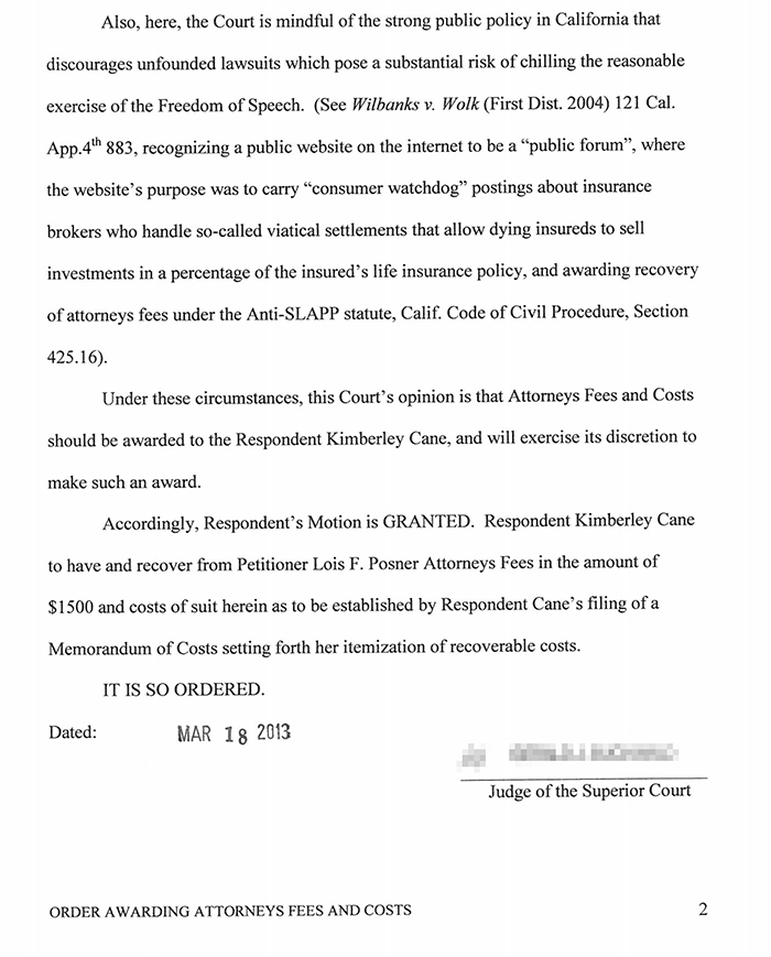 Court order to Moxi Posner ordering Posner to pay attorney fees for a frivilous lawsuit Posner filed and lost